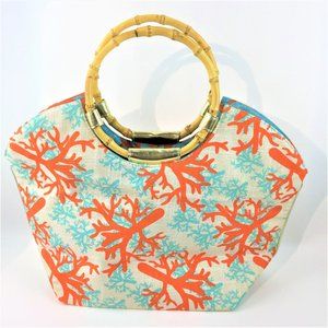 Bag Lady coral aqua design bamboo handle tote bag